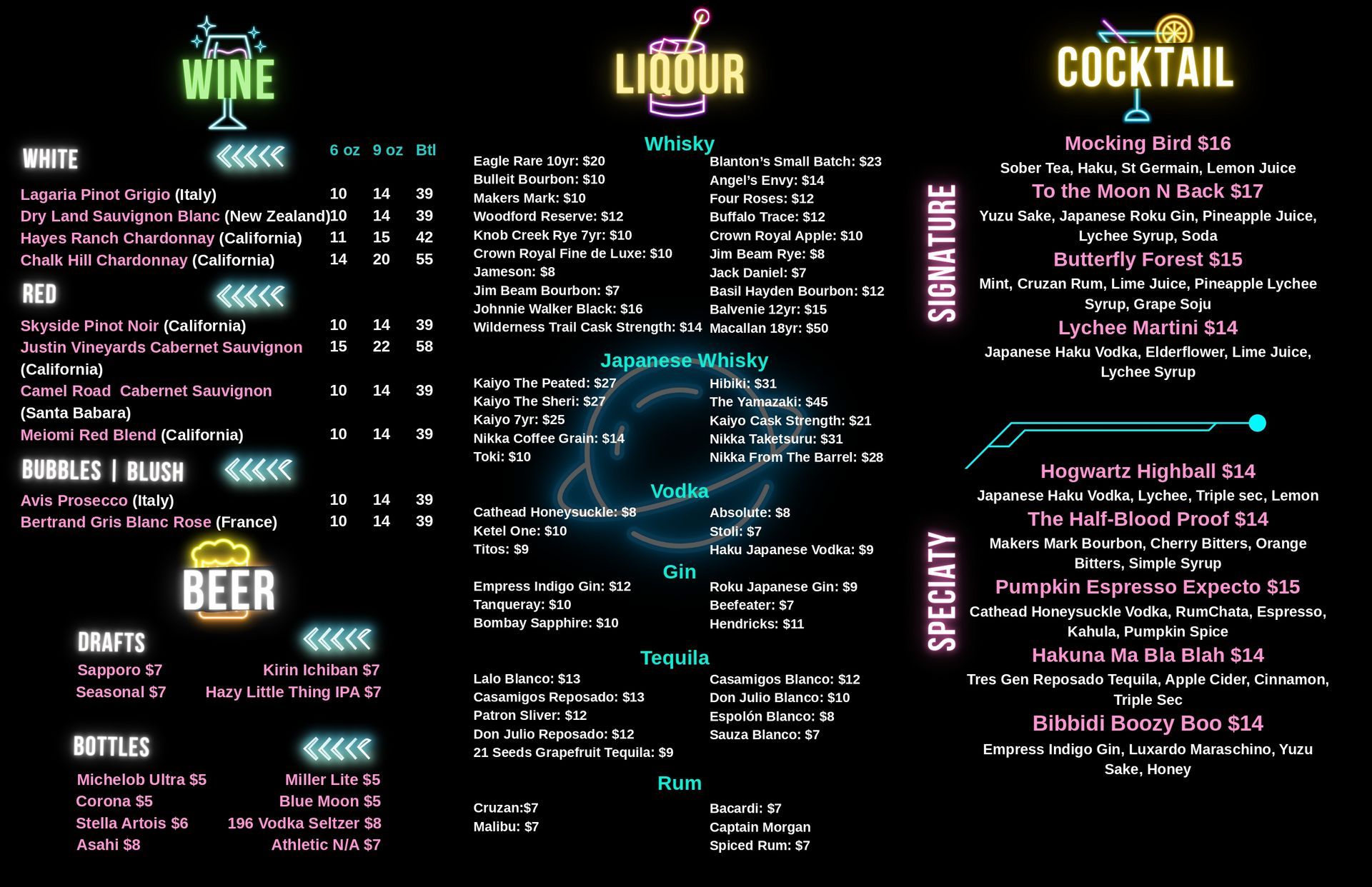 A menu for a restaurant shows a variety of cocktails