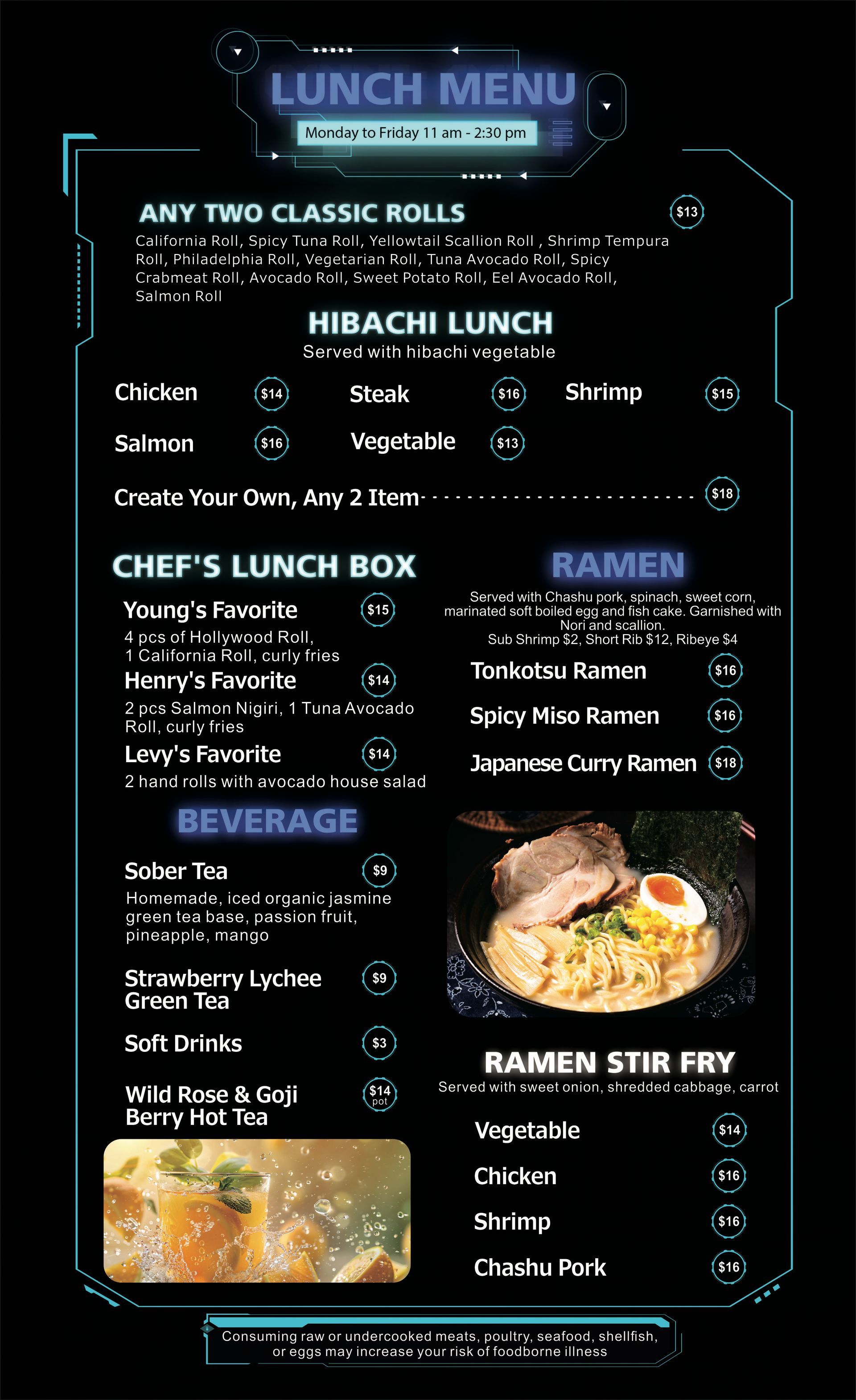 A menu for a restaurant with a picture of a bowl of ramen on it.