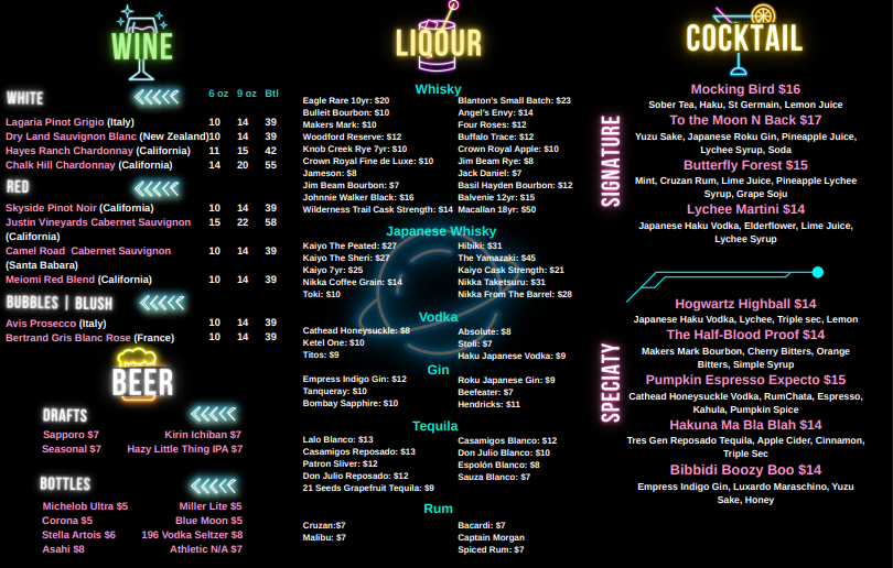 A menu for a restaurant shows a variety of cocktails