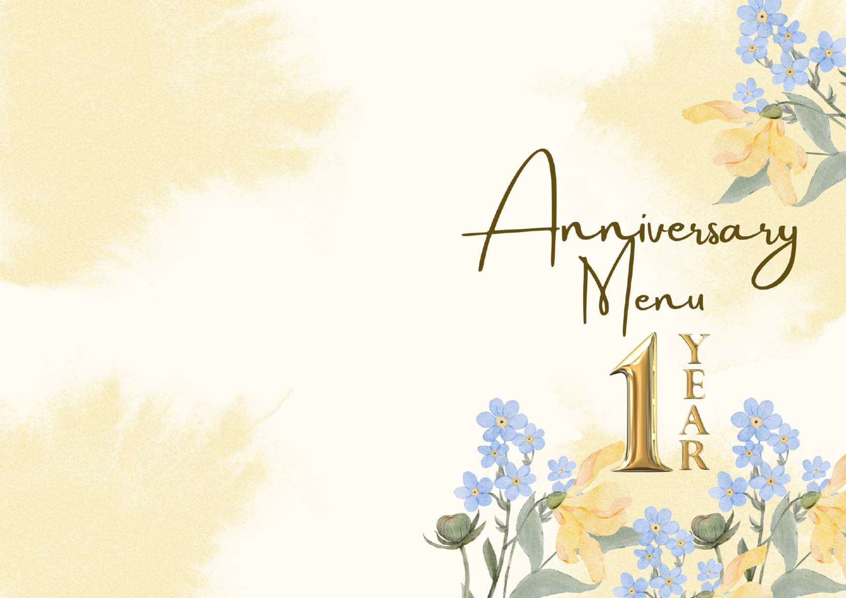 A greeting card with flowers and the words `` anniversary menu 1 year ''