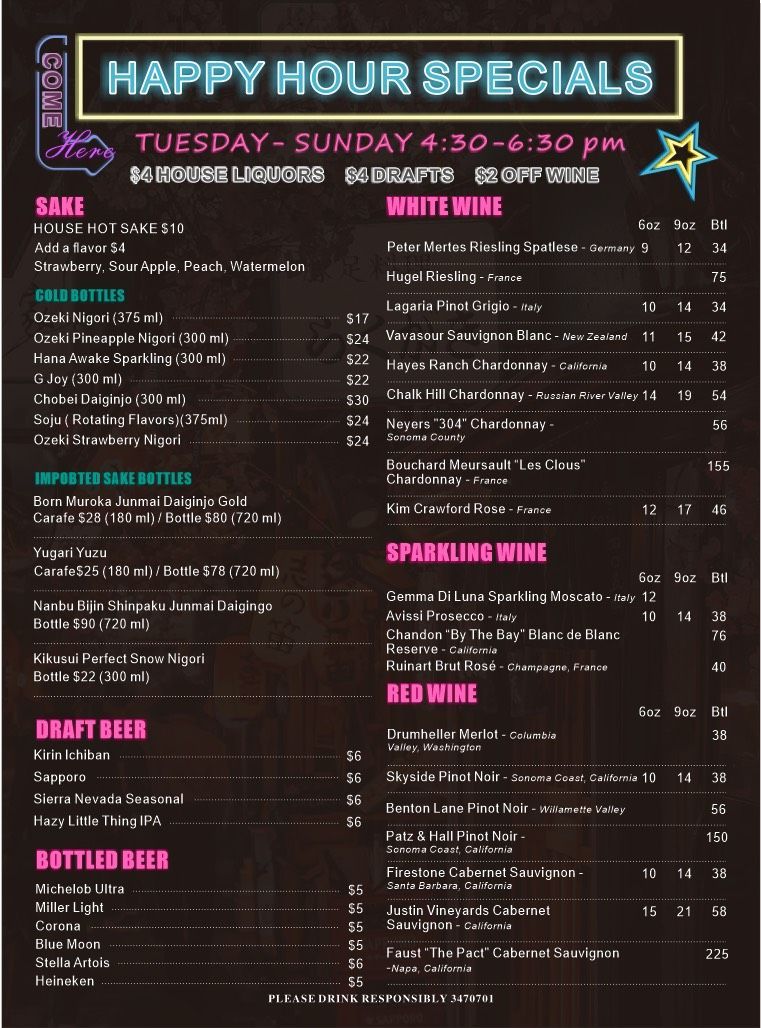 A menu that says happy hour specials on it