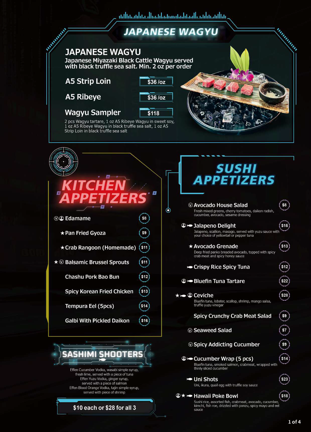 A menu for a restaurant with sushi appetizers and kitchen appetizers.