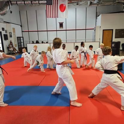 A group of kids are practicing martial arts in a gym