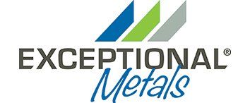 The logo for exceptional metals is blue , green , and gray.