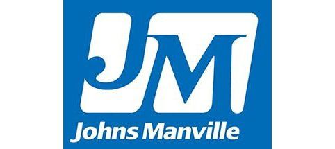 The johns manville logo is blue and white on a white background.