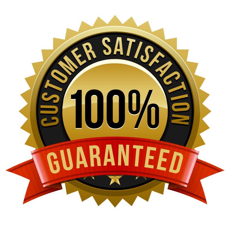 A gold customer satisfaction guaranteed label with a red ribbon