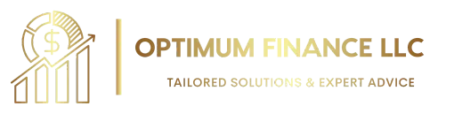 Optimum Finance LLC company logo featuring a dollar sign, graphical representation of raising KPIs, with the tagline 'Tailored solutions and expert advice.