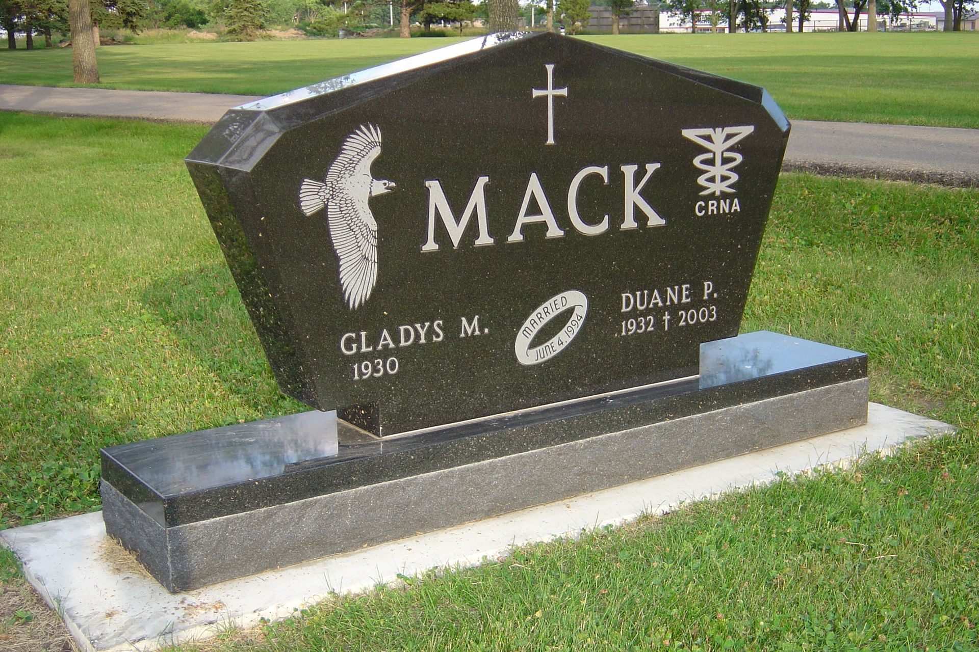 Black granite headstone with 