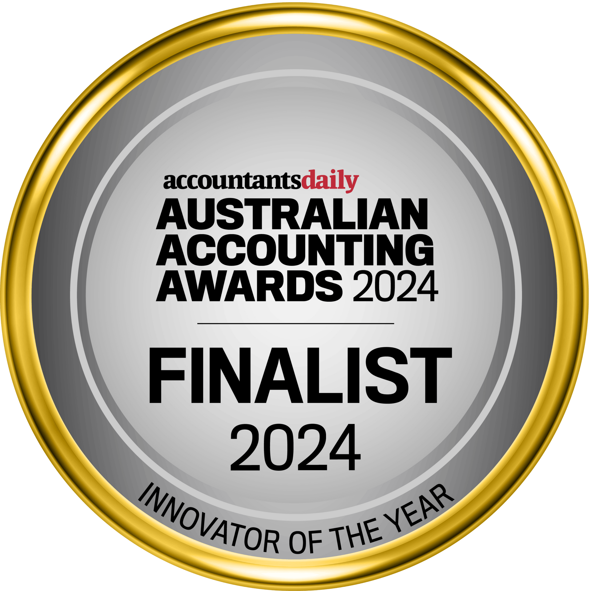 Gold award badge reading “Australian Accounting Awards 2024 Finalist” and “Innovator of the Year”