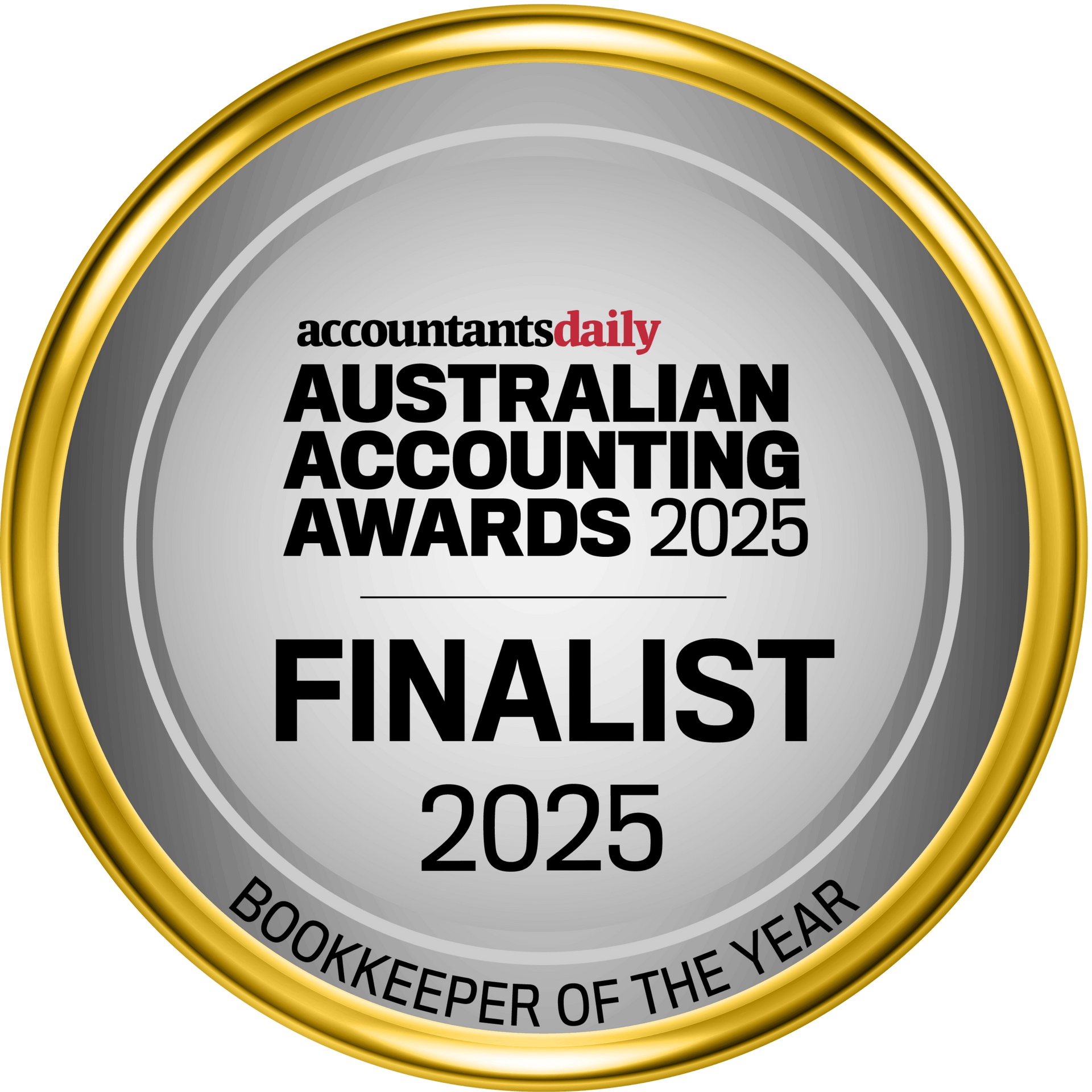 Gold-and-silver “Finalist 2025” medal for Accountants Daily Australian Accounting Awards, Bookkeeper of the Year