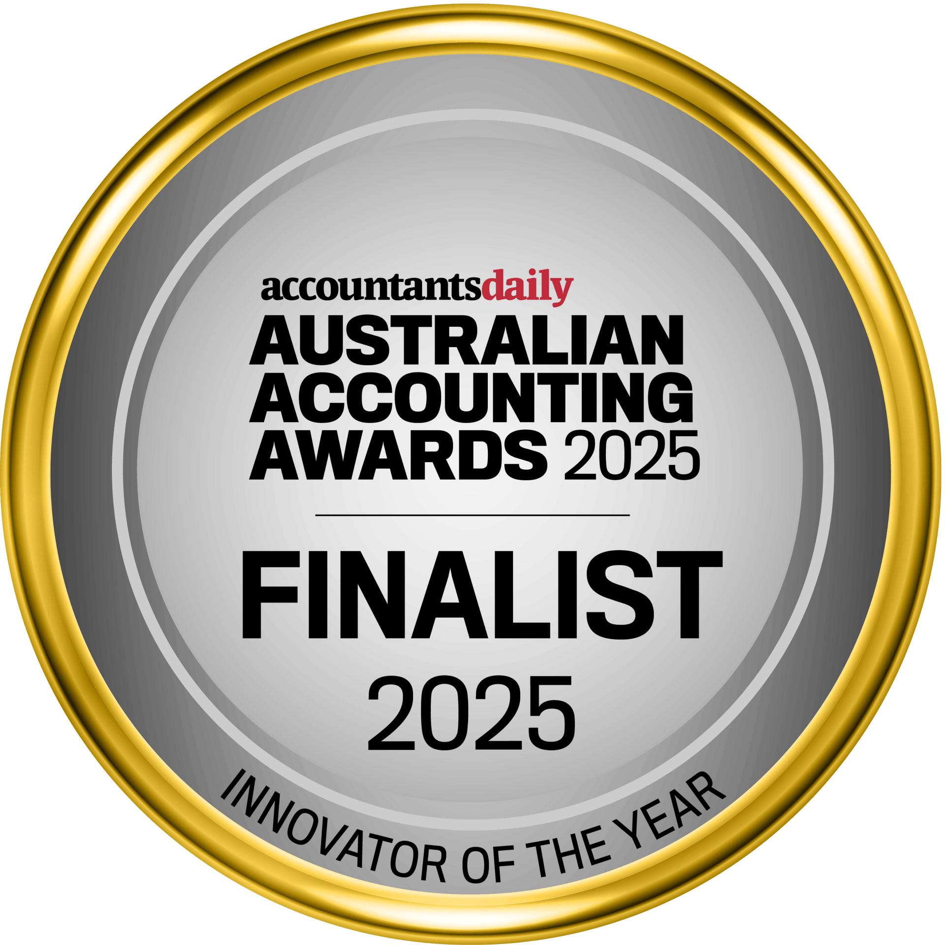 Gold award badge reading “Australian Accounting Awards 2025 Finalist – Innovator of the Year”