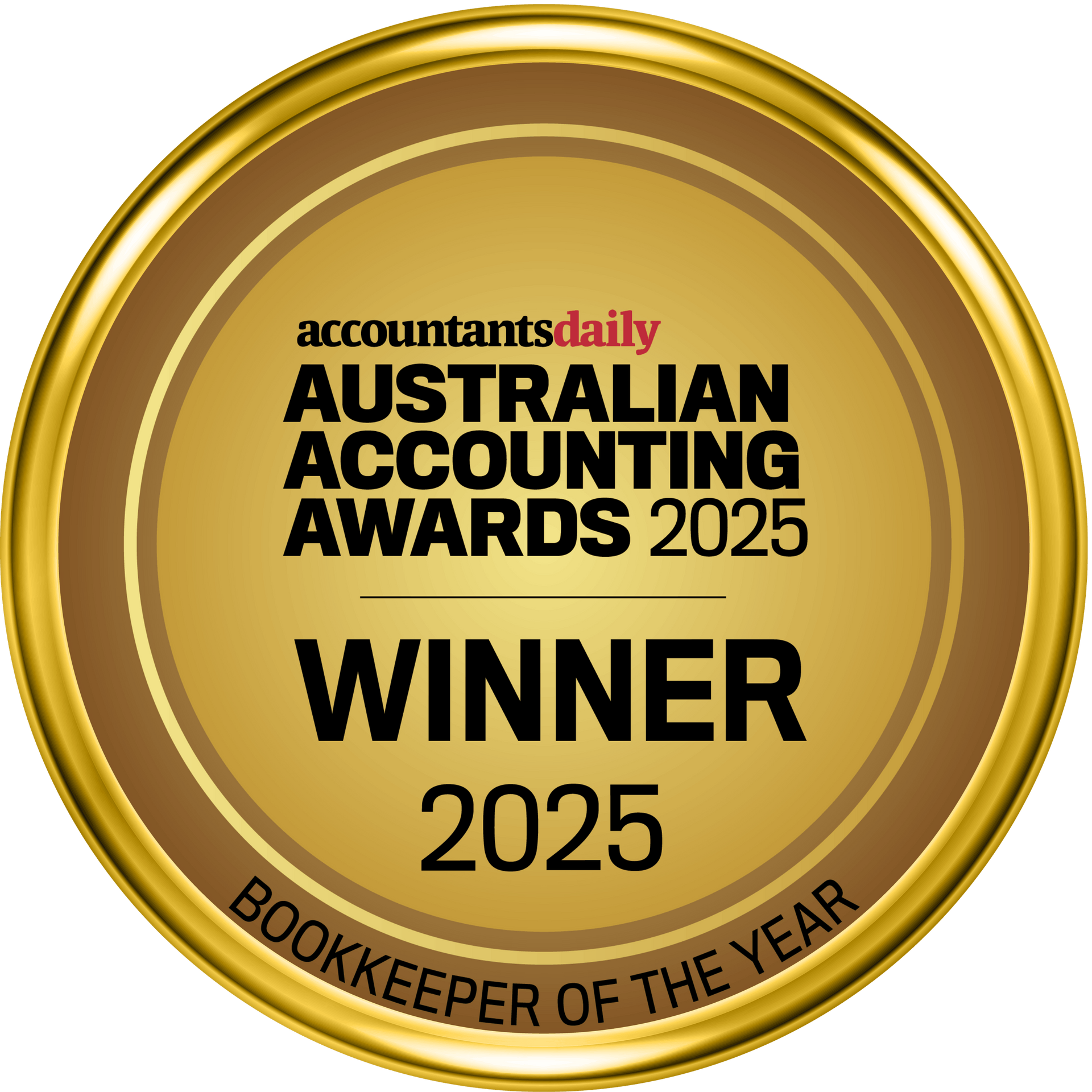 Gold award medal reading “Australian Accounting Awards 2025 Winner: Bookkeeper of the Year”