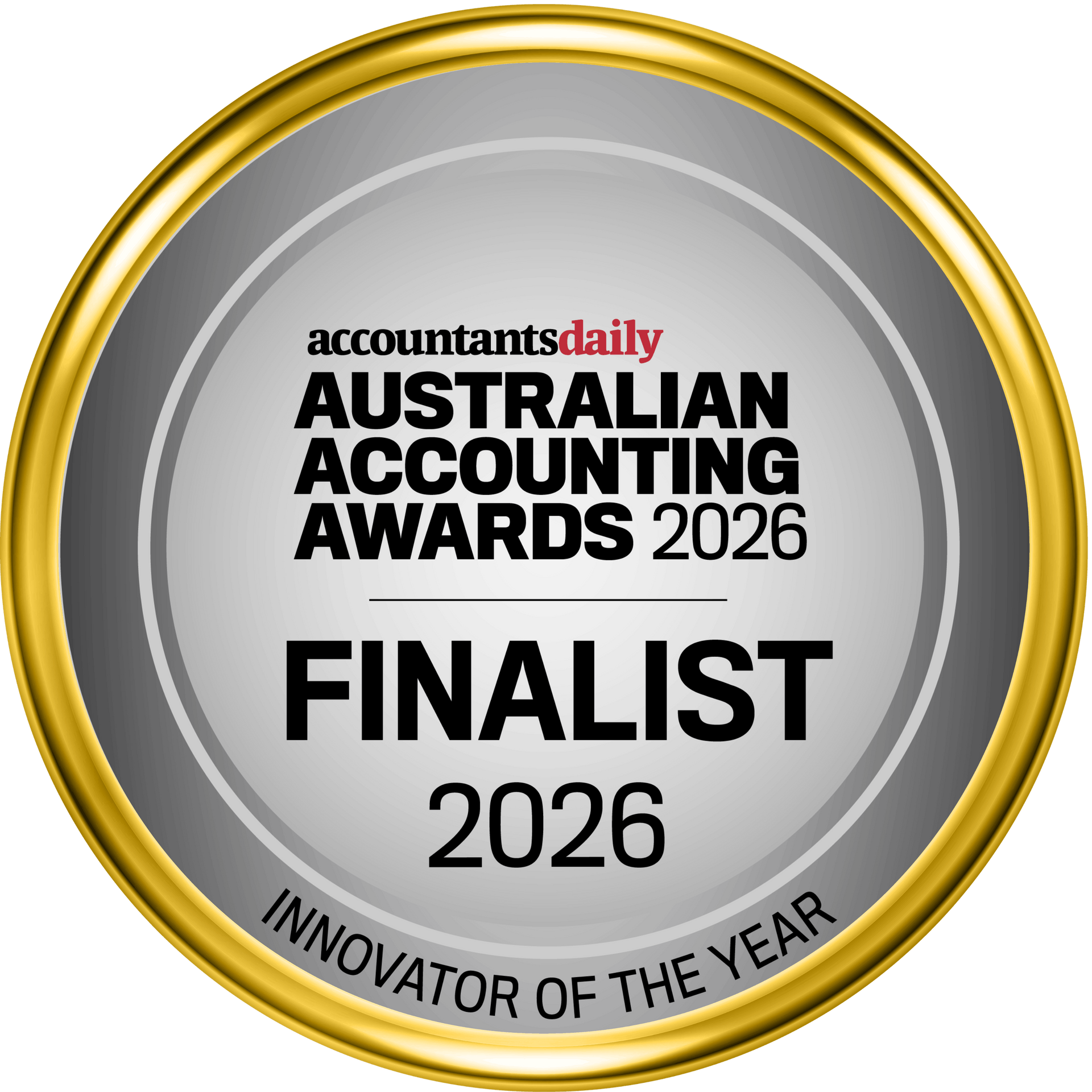 Australian Accounting Awards 2026 finalist badge with gold border and silver center, Innovator of the Year