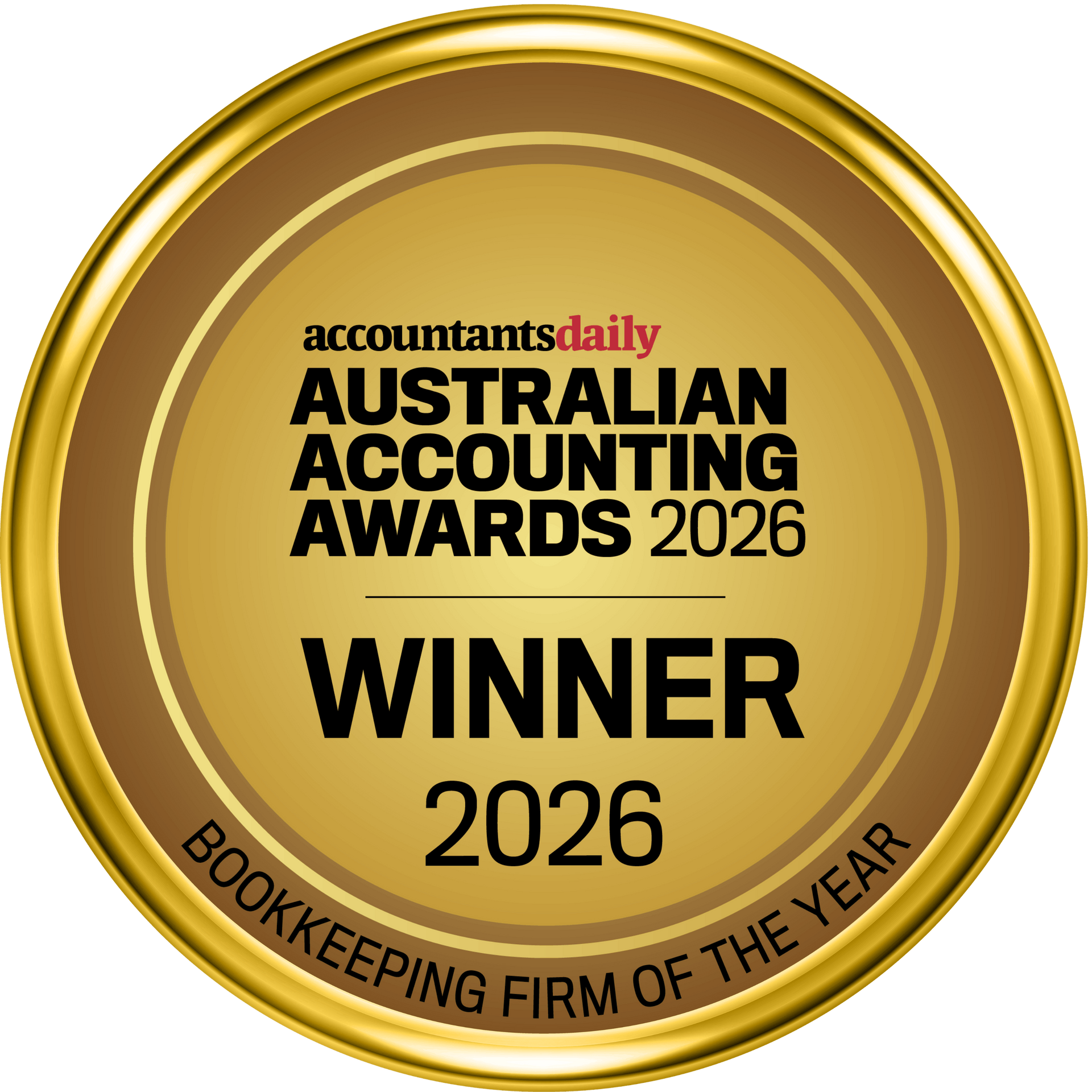 Gold award badge reading “Australian Accounting Awards 2026 Winner – Bookkeeping Firm of the Year”