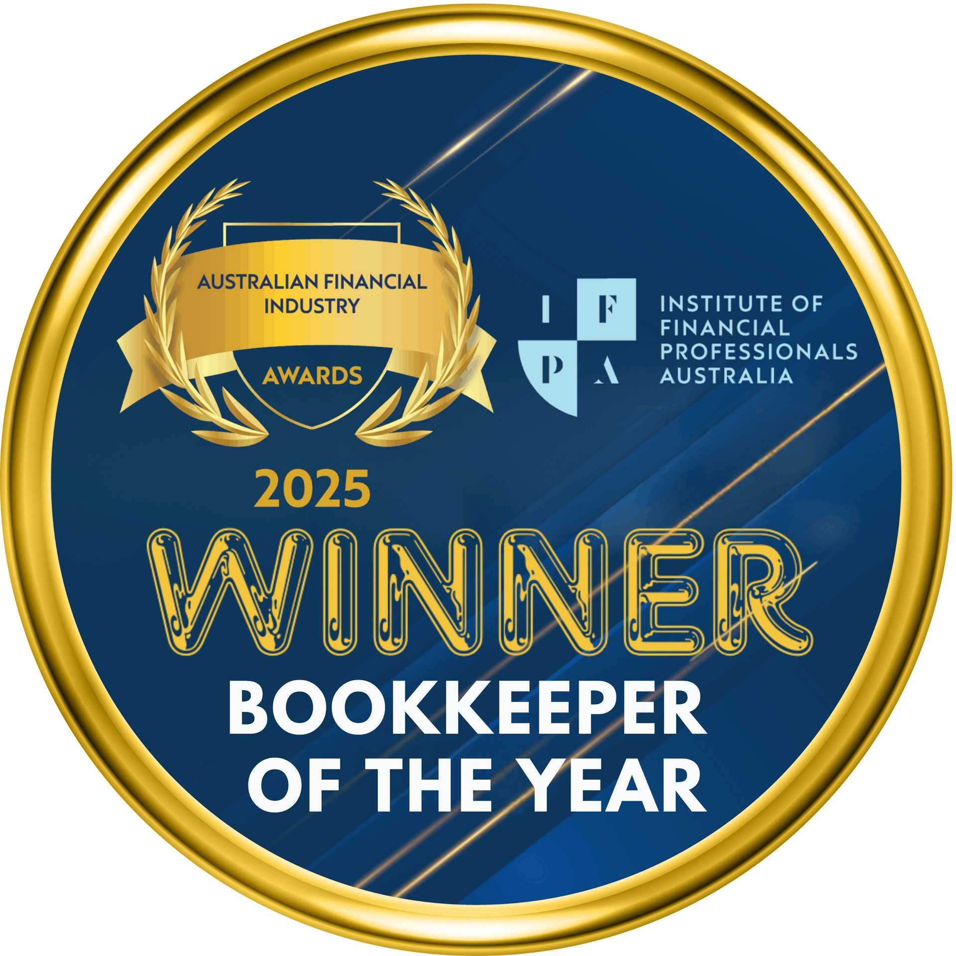 2025 winner badge for Bookkeeper of the Year, gold and blue Australian Financial Industry Awards emblem