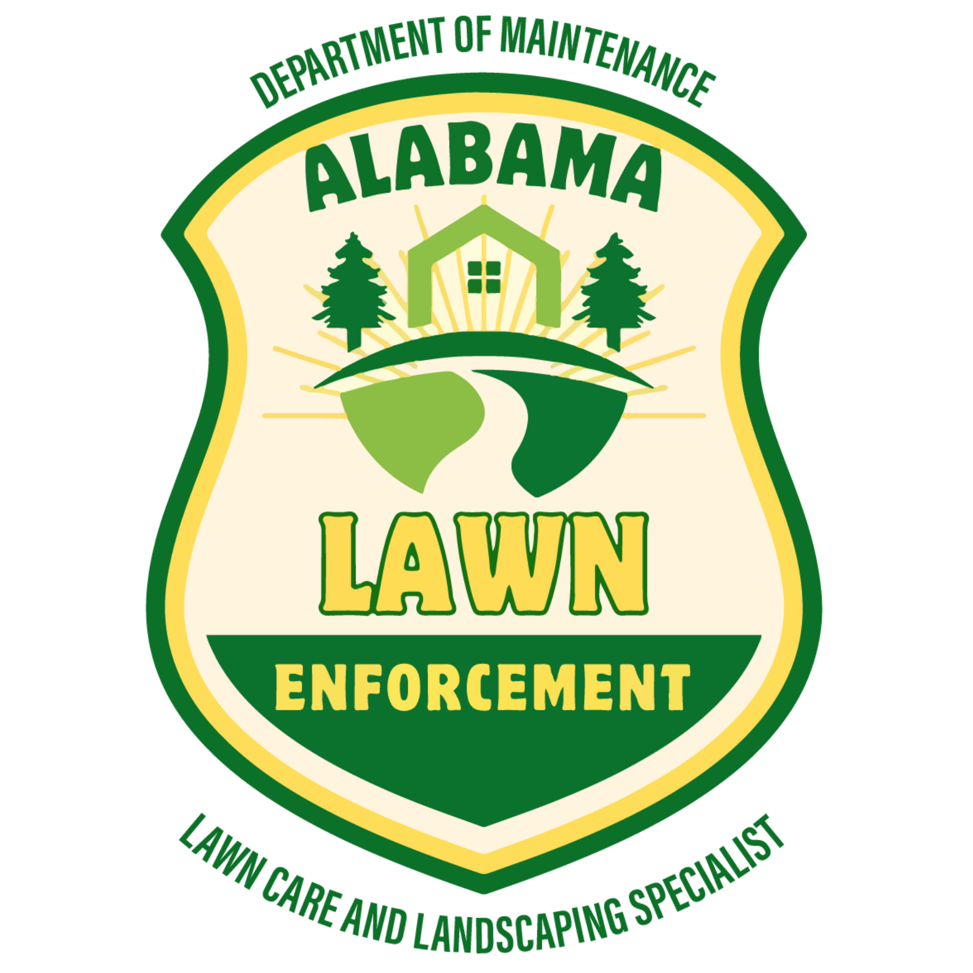 A green and yellow shield logo for Alabama Lawn Enforcement, featuring a house, trees, and a path, with maintenance text.