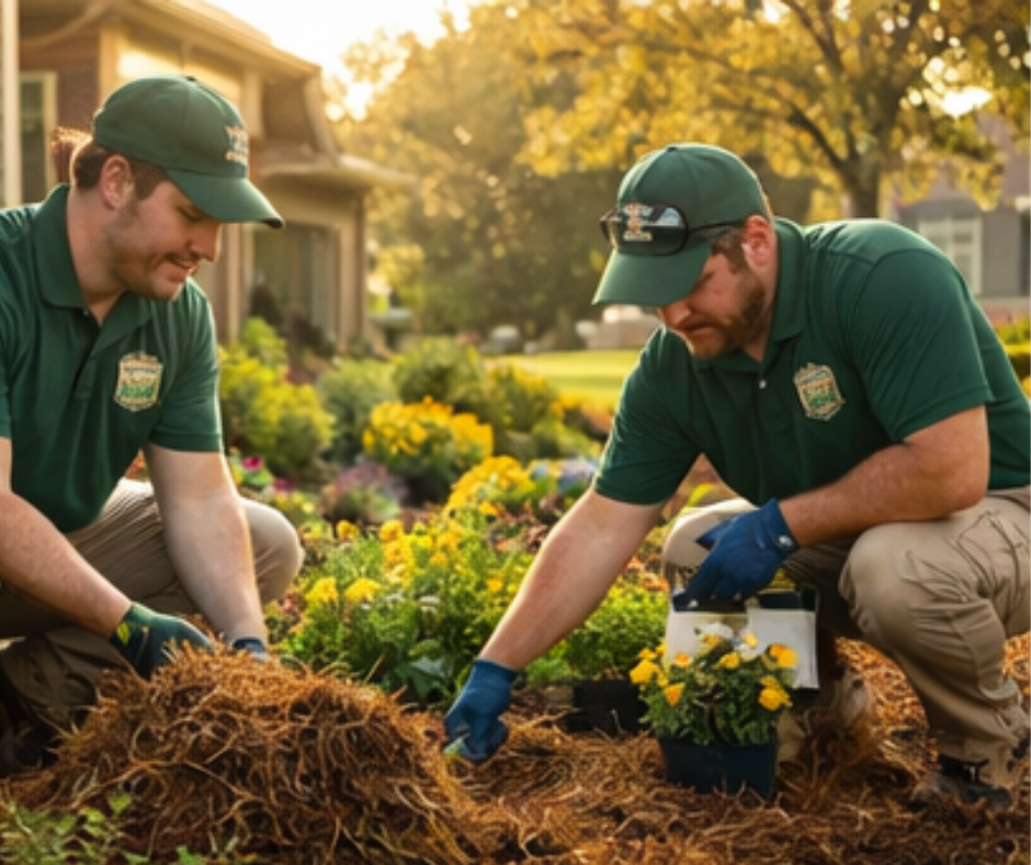 Two people in matching green uniforms work together, spreading mulch and planting flowers in a sunny garden bed.