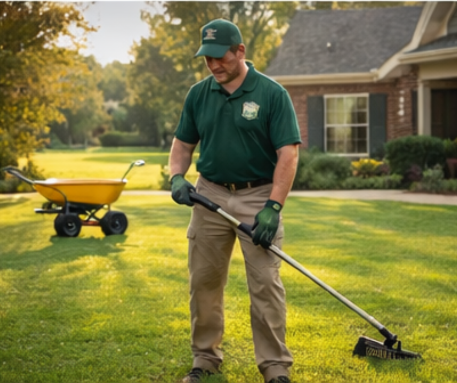 A worker in a green uniform uses a string trimmer on a grassy lawn near a house, with a yellow wheelbarrow nearby.