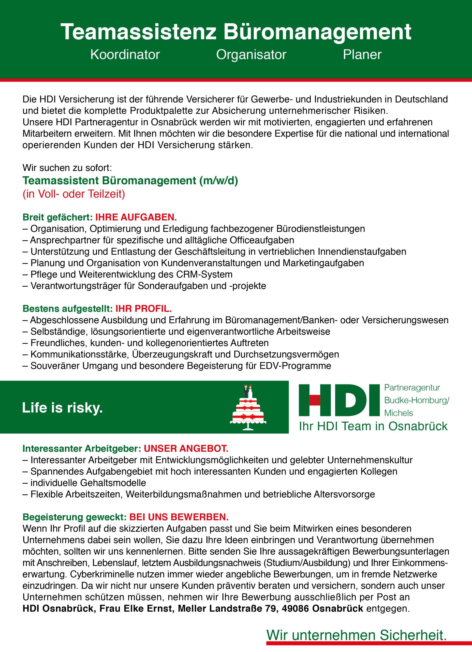 2-serve HDI Osnabrück Stellenanzeige Teamassistenz Büromanagement Vollzeit Teilzeit