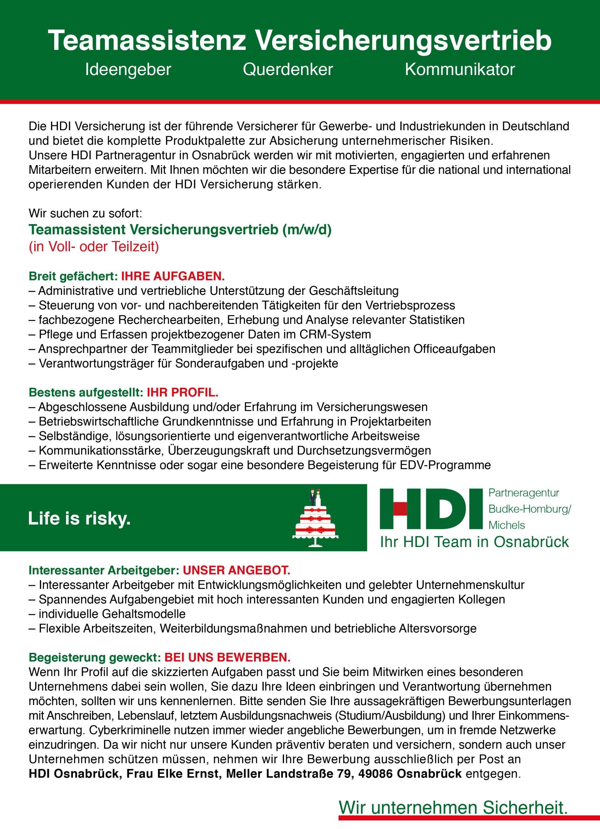 2-serve HDI Osnabrück Stellenanzeige Teamassistenz Versicherungsvertrieb Vollzeit Teilzeit