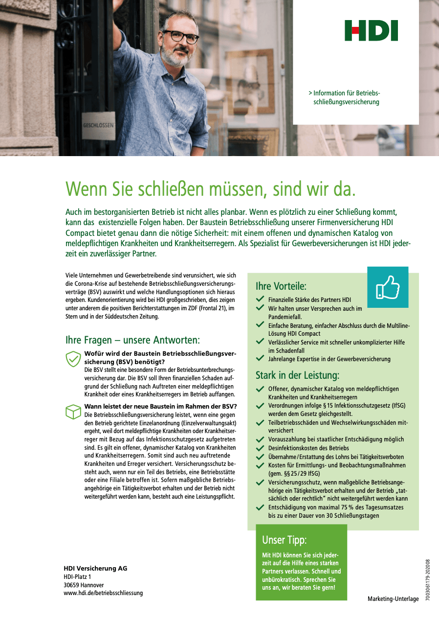 2-serve HDI Osnabrück Highlightblatt Betriebsschließungsversicherung