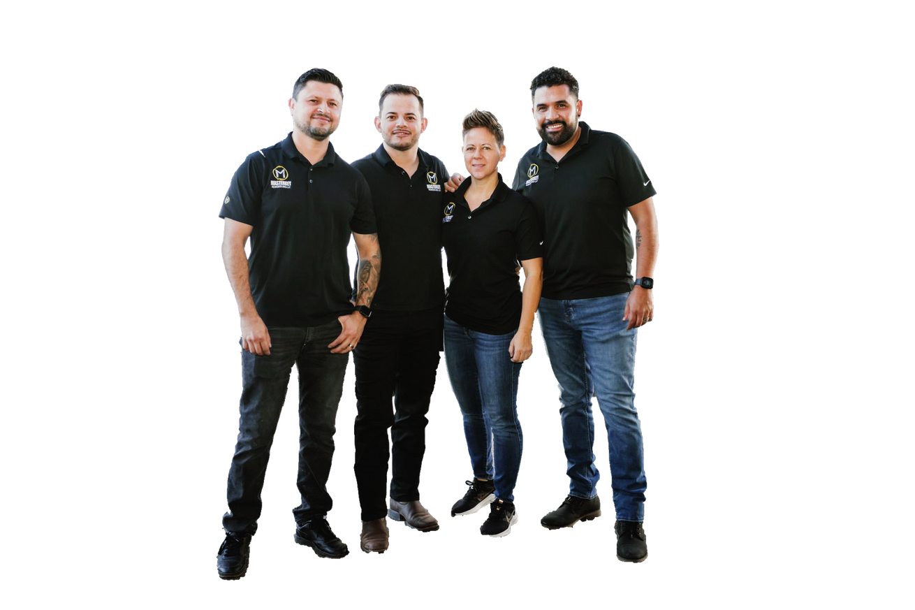 A group of people standing next to each other on a white background.