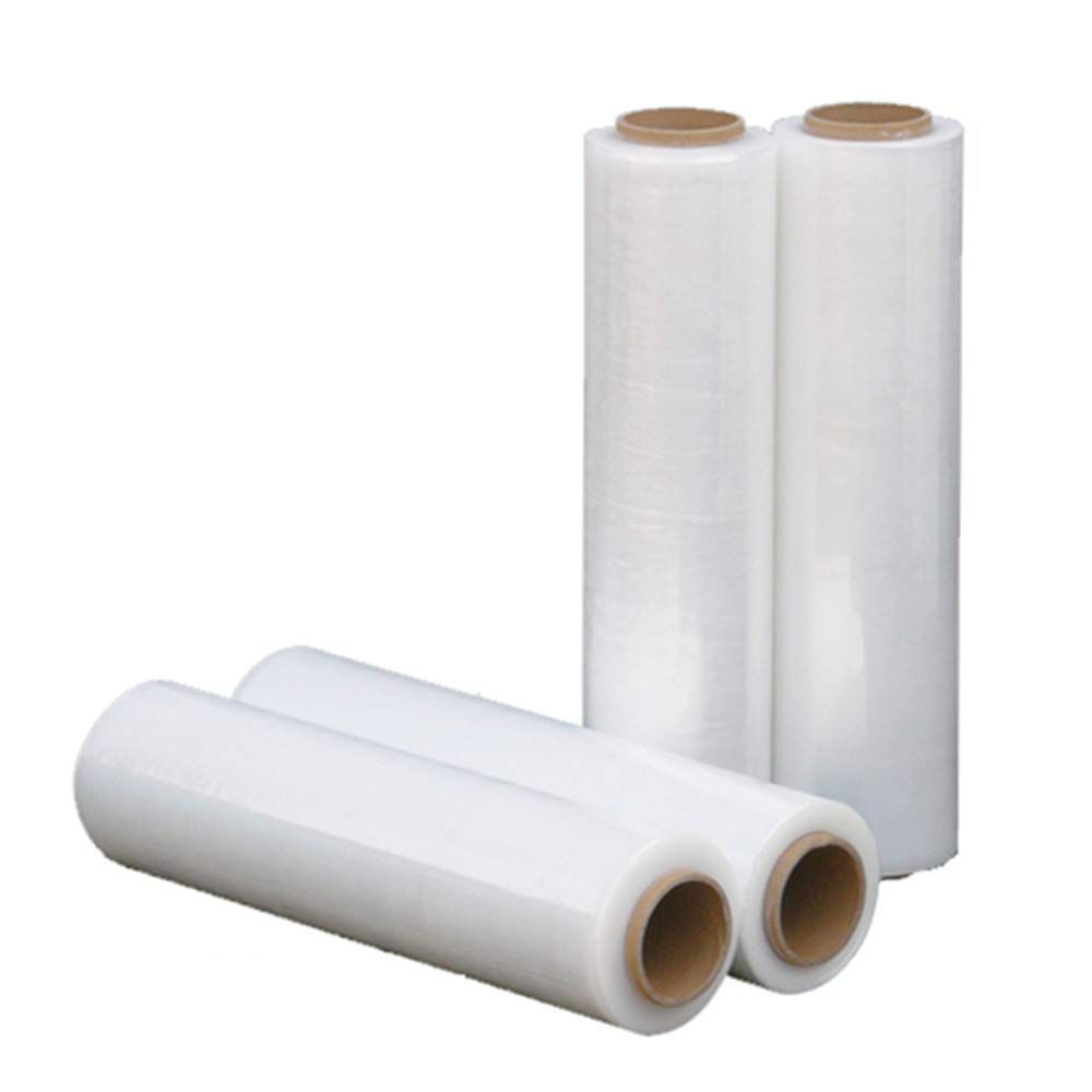 Three rolls of stretch wrap are stacked on top of each other on a white background.