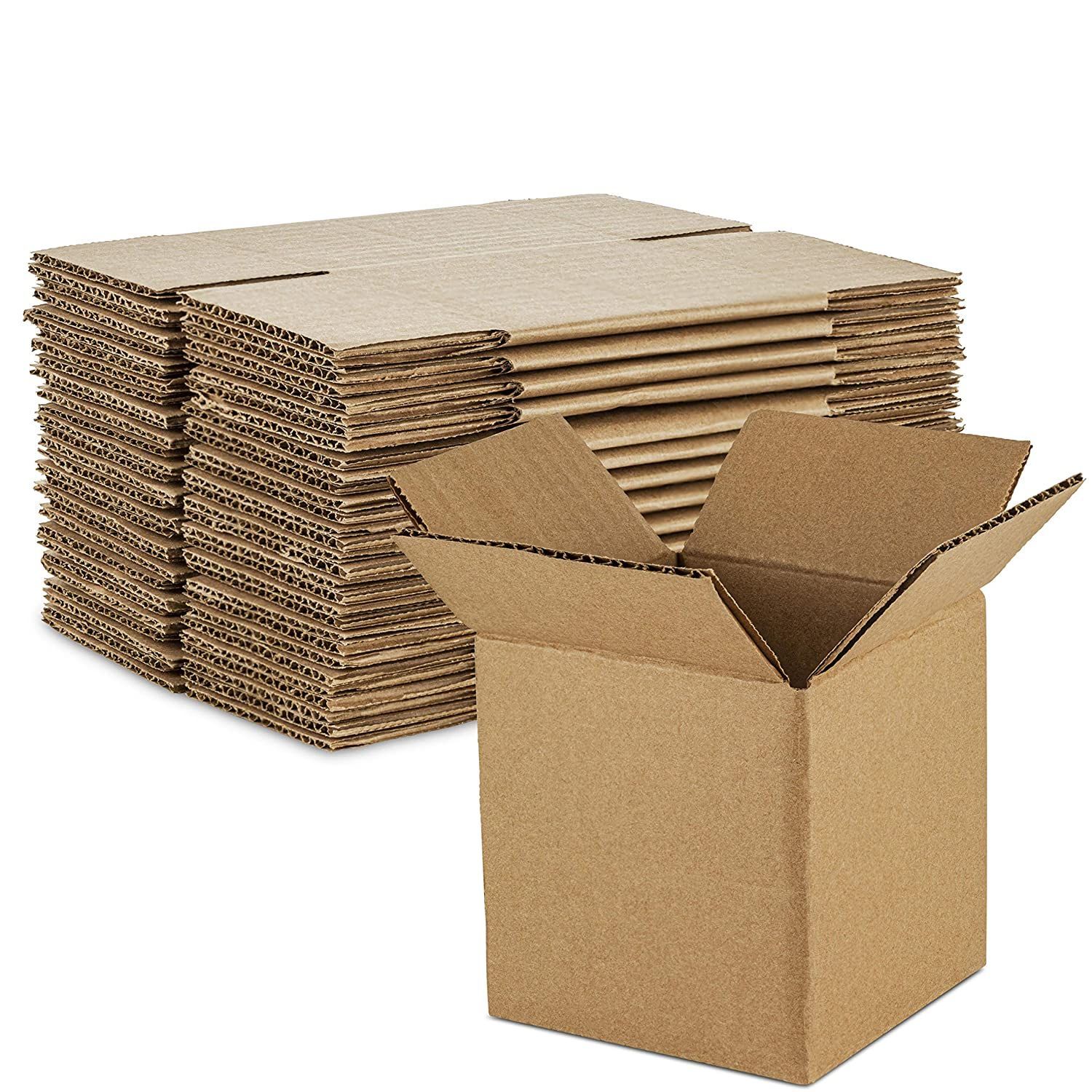 A stack of cardboard boxes next to an open box