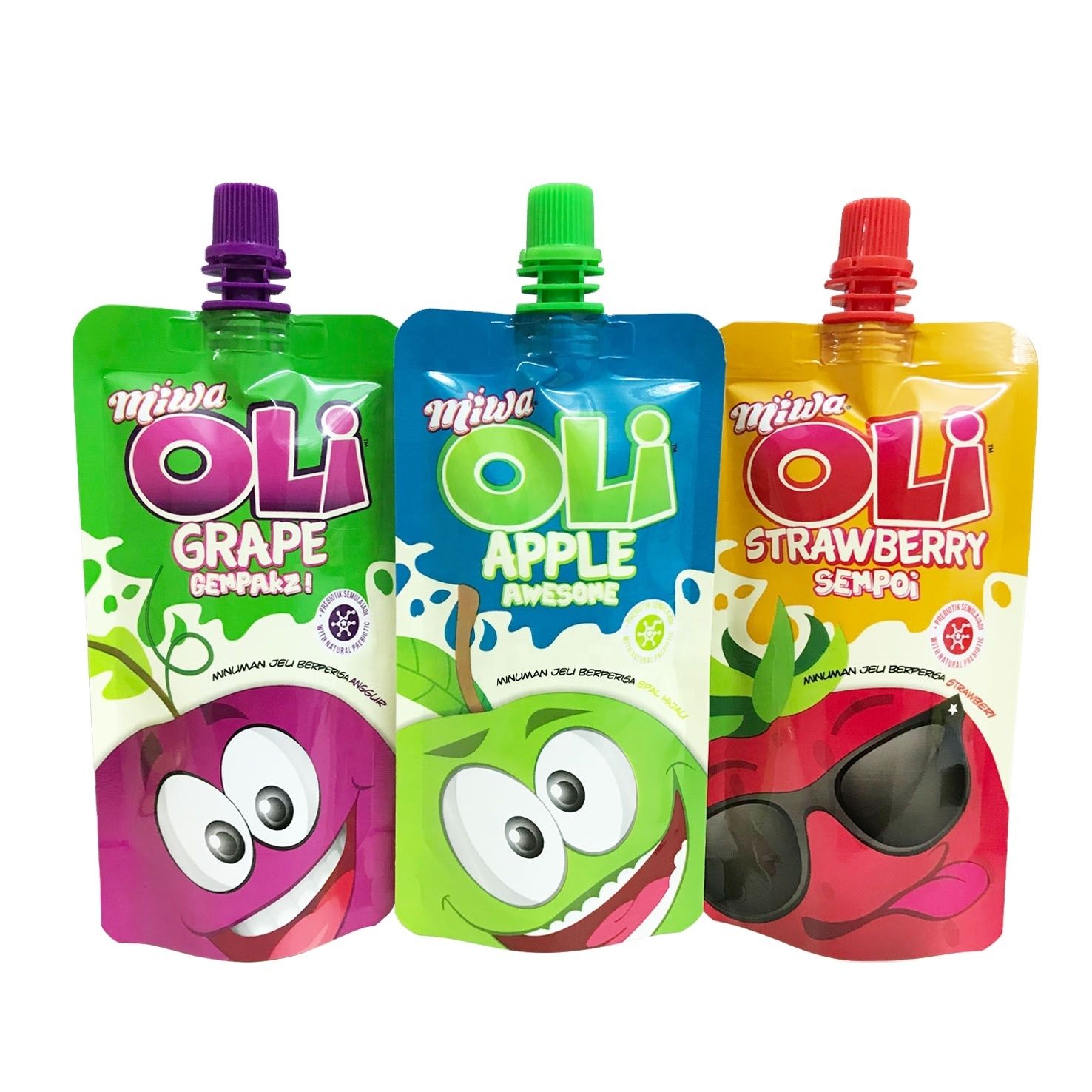 A group of three juice pouches with cartoon faces on them.