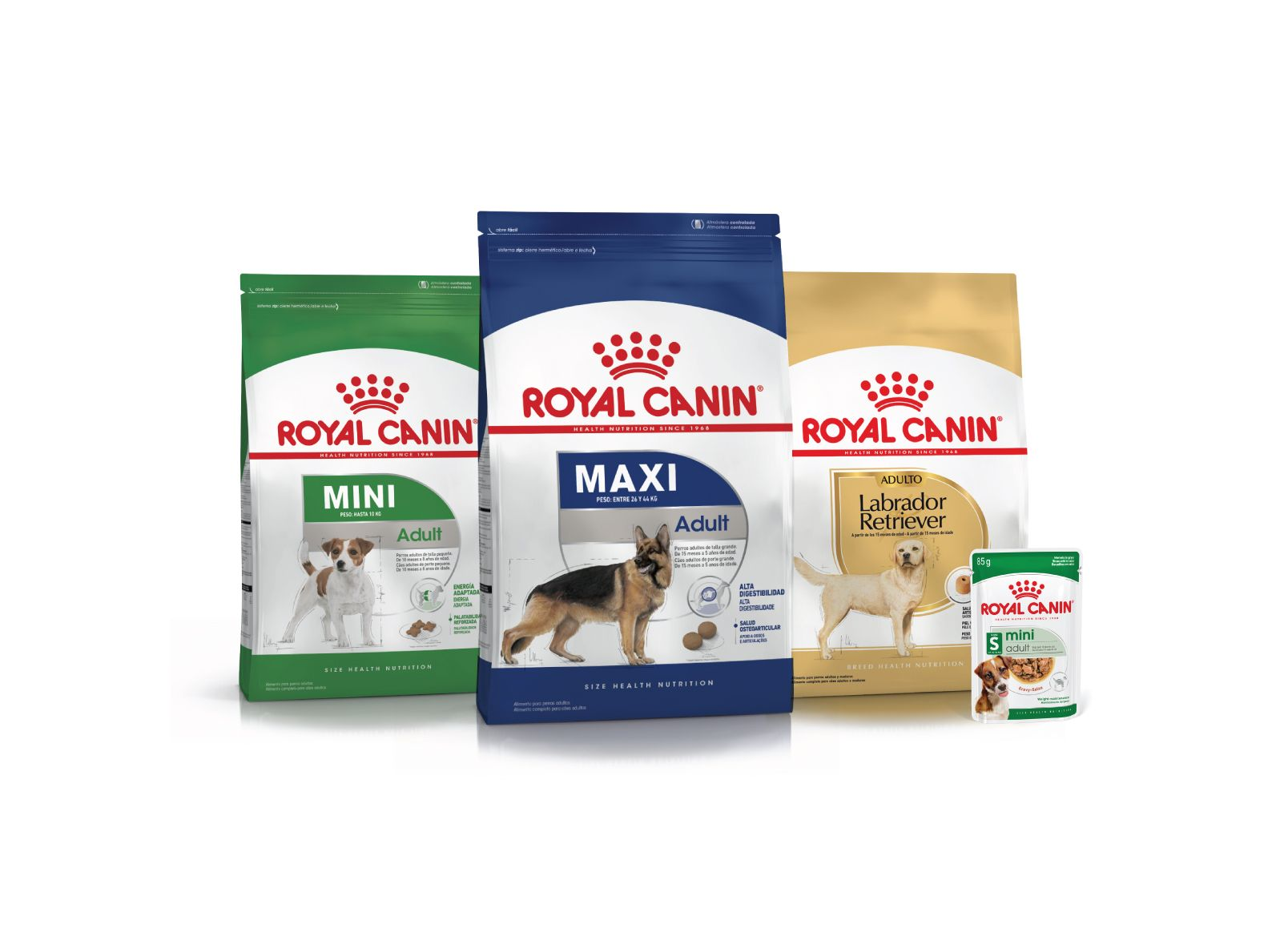 Three bags of royal canin dog food are sitting next to each other on a white background.