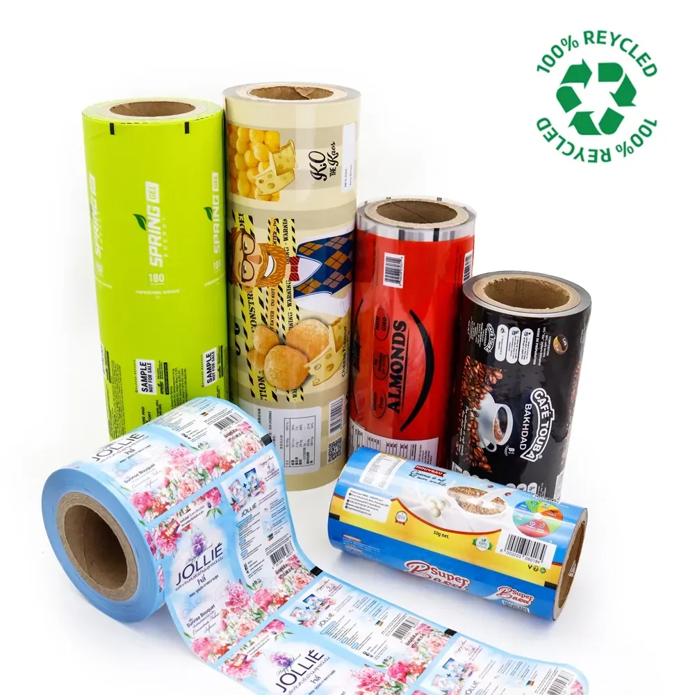 A group of rolls of flexible food packaging are sitting on a table.