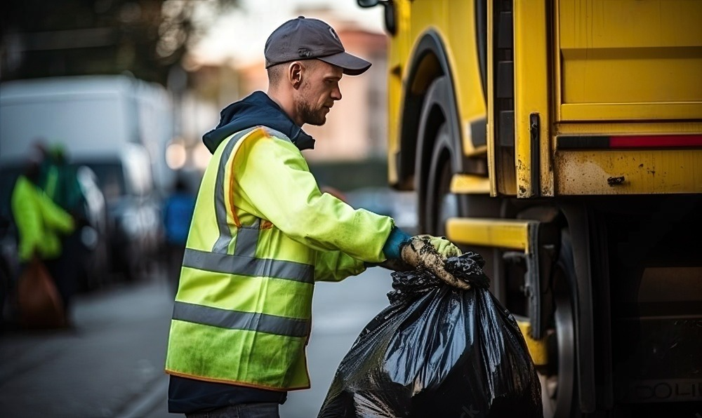 a man is putting a bag of trash into a garbage truck .