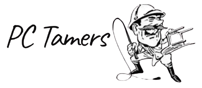 Business card for "PC Tamers," featuring a cartoon lion tamer theme with contact info: Brian Somerville, 919-432-4545.