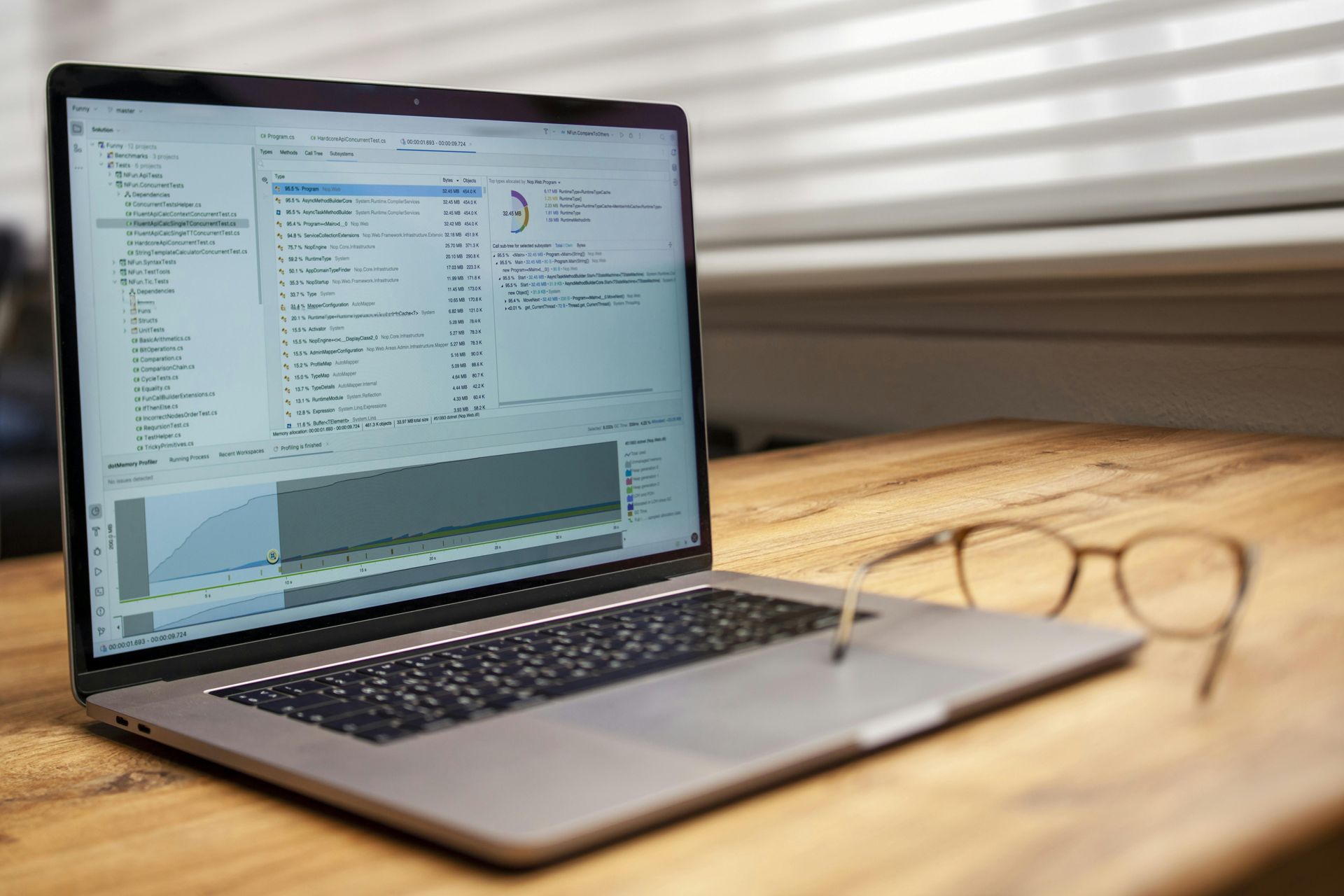 A silver laptop displaying data graphs and code on a wooden desk with a pair of eyeglasses resting on the trackpad.
