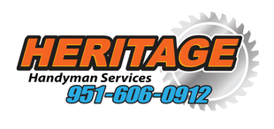 Logo for Heritage Human Services & Junk Removal, orange and blue text, 951-606-0912, with a saw blade in the background.