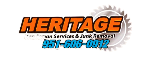 Logo for Heritage Human Services & Junk Removal, orange and blue text, 951-606-0912, with a saw blade in the background.