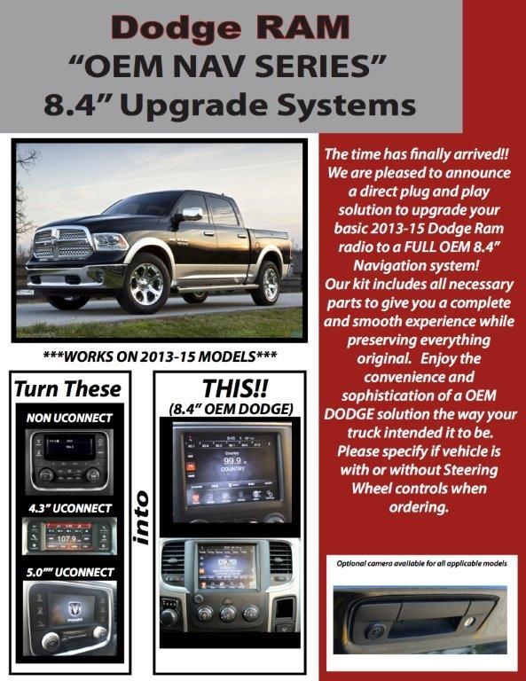 An advertisement for dodge ram oem nav series 8.4 upgrade systems
