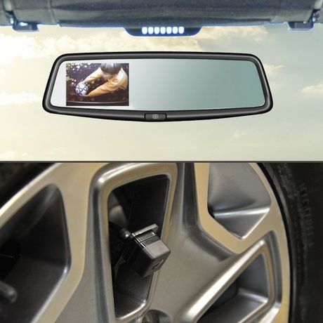 A picture of a rear view mirror and a picture of a tire
