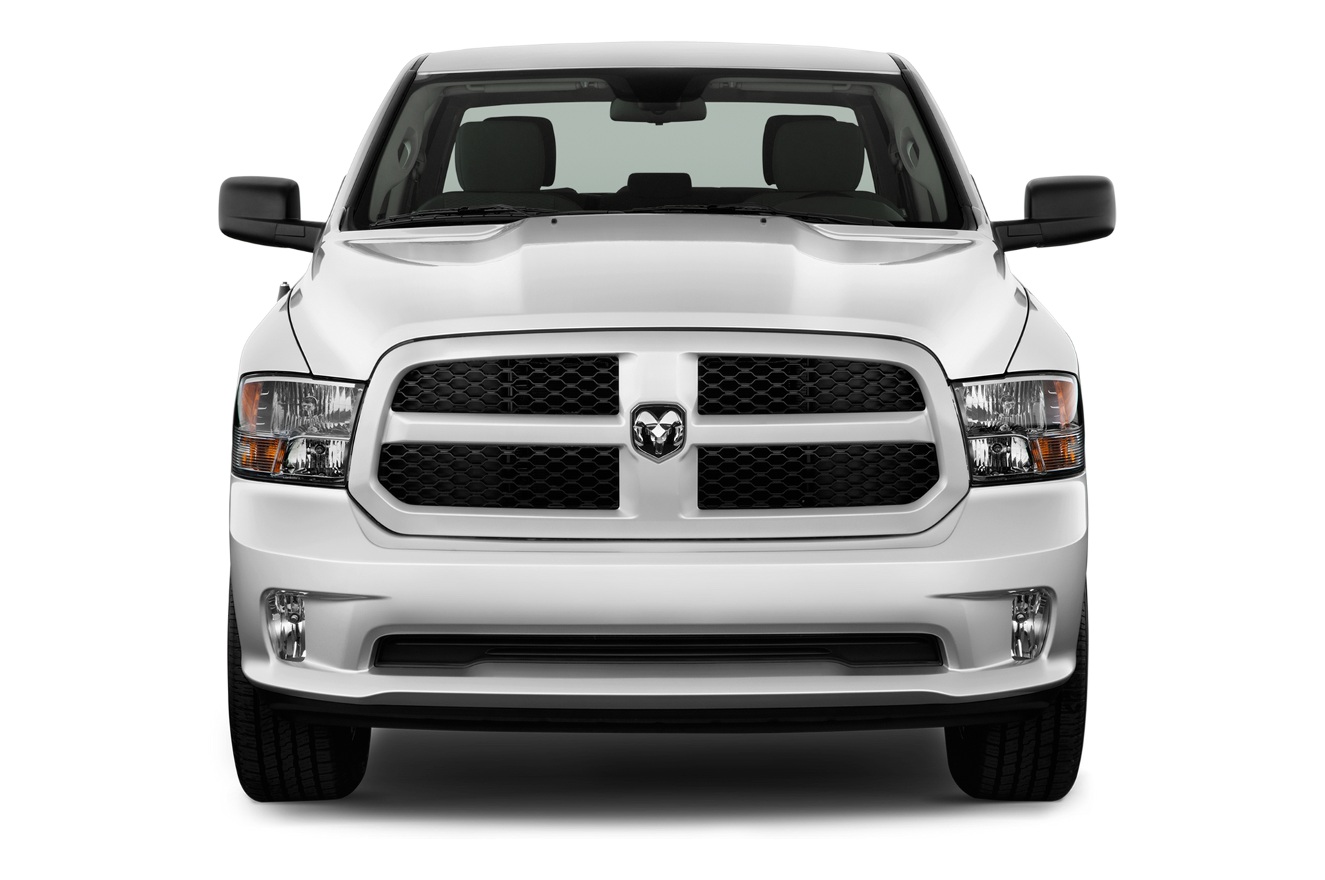 The front of a white dodge ram truck on a white background.