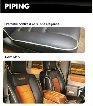 A picture of a car seat with piping and samples