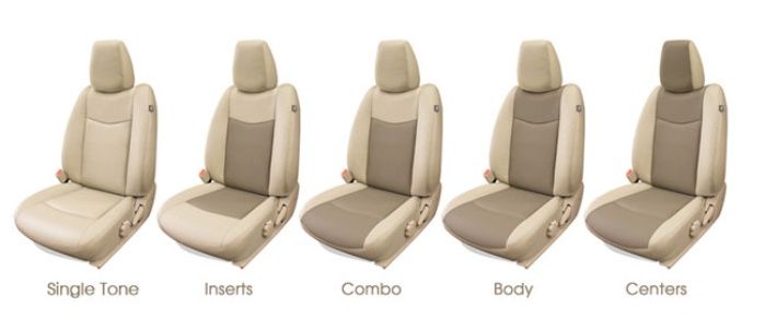 A row of car seats with different types of seat covers