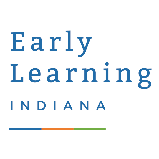 The Early Learning Indiana logo with blue text stacked above an orange, blue, and green horizontal line.