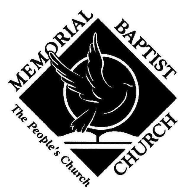 A black and white logo for Memorial Baptist Church featuring a dove above an open book inside a diamond shape.