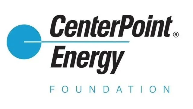 Logo for the CenterPoint Energy Foundation with a blue circle, horizontal line, and black and blue text.