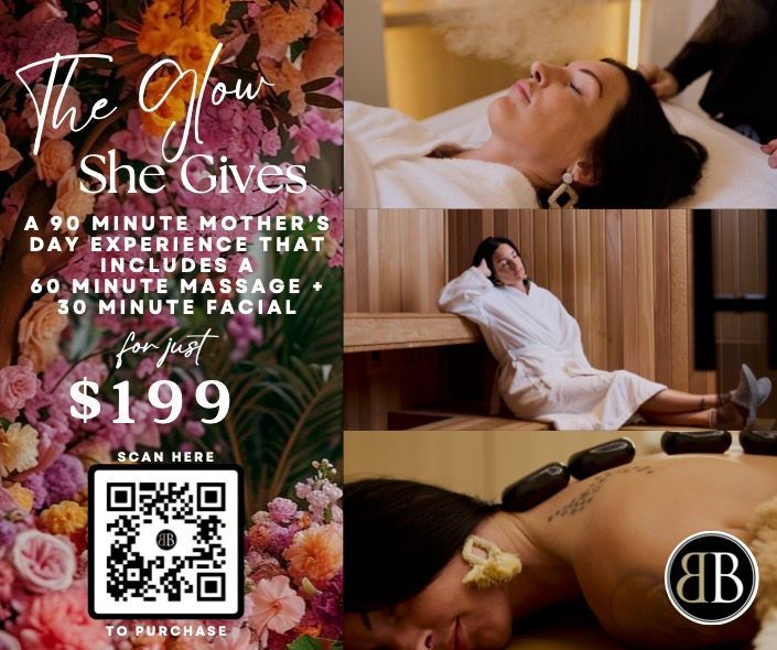 An advertisement for a 90 minute mother 's day experience that includes a 60 minute massage and 30 minute facial