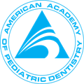 American Academy of Pediatric Dentistry logo: Blue triangle with wave shape, surrounded by text 