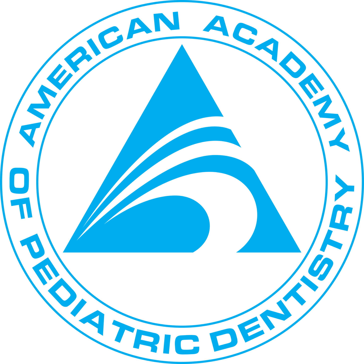 American Academy of Pediatric Dentistry logo: Blue triangle with wave shape, surrounded by text 
