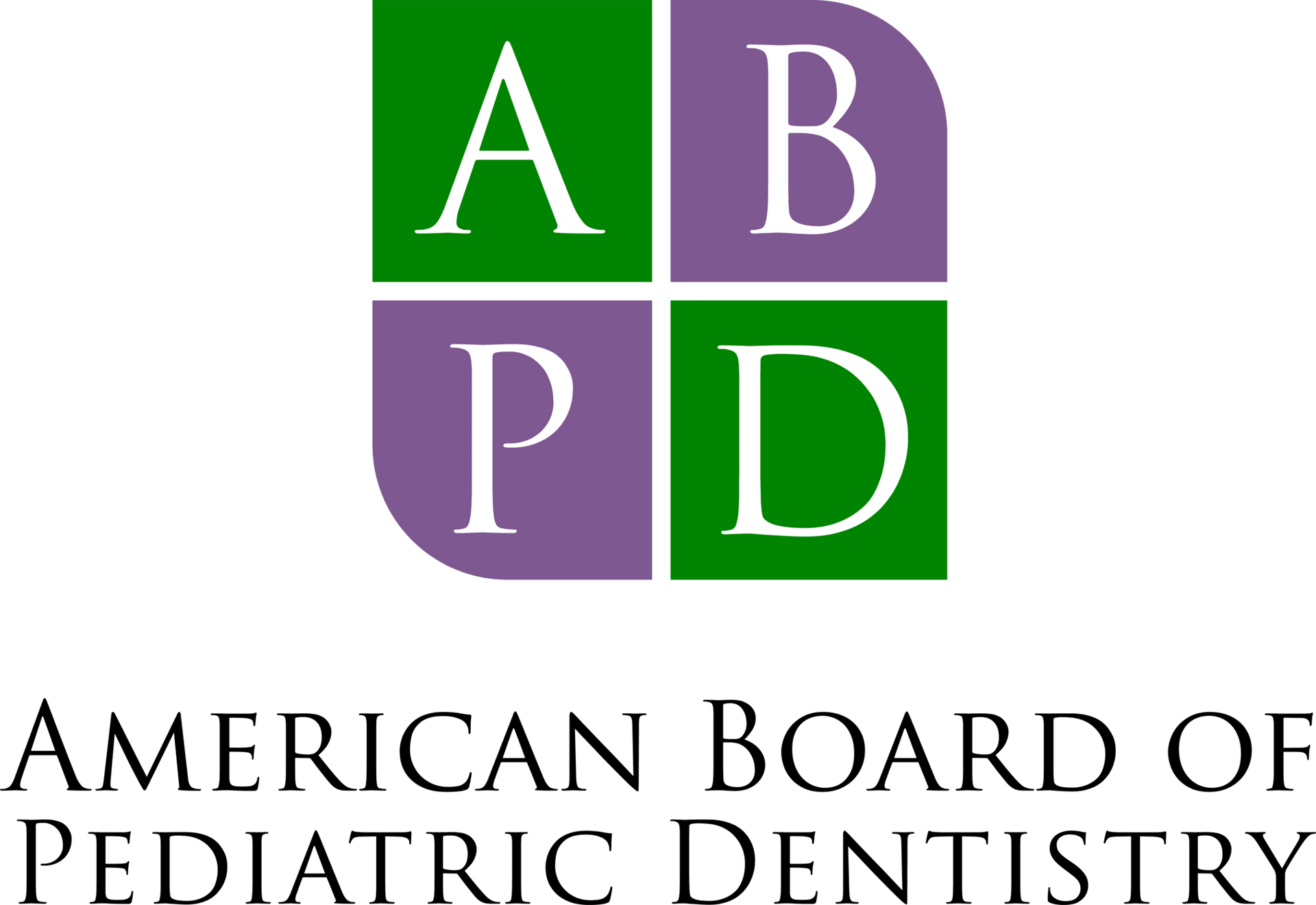 Logo of the American Board of Pediatric Dentistry; a square divided into four sections, green and purple, with letters A, B, P, D.