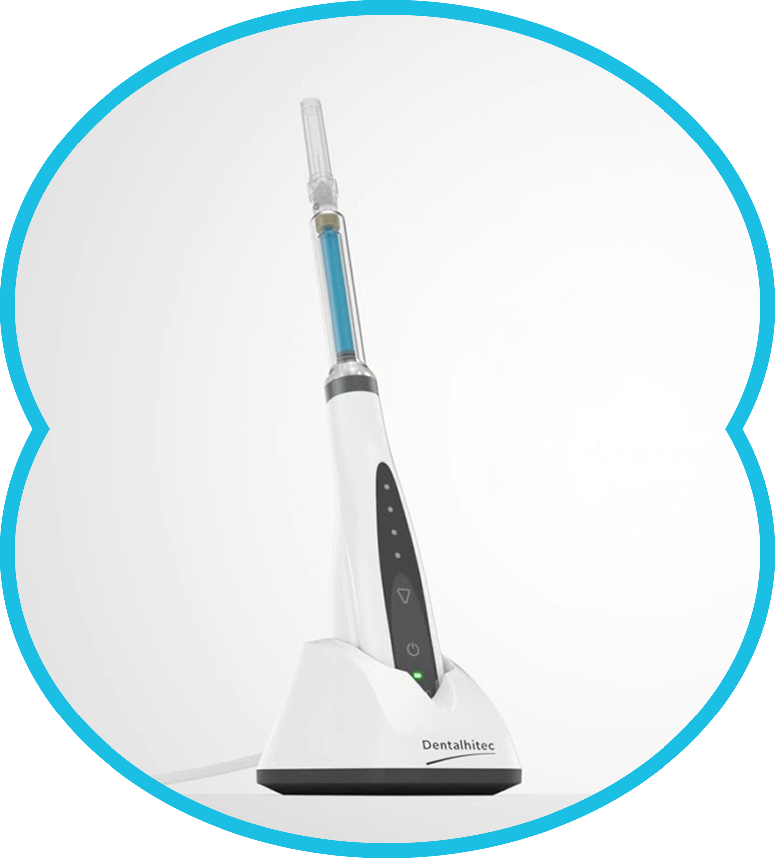 White dental device on a charging base, against a white backdrop, framed in a blue, rounded shape.