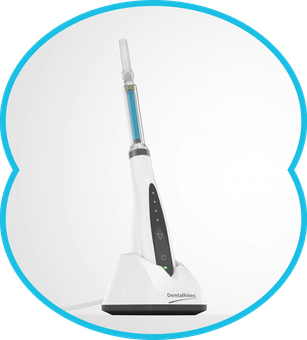 White dental device on a charging base, against a white backdrop, framed in a blue, rounded shape.